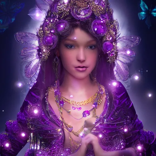 Image similar to portrait princess of amethyst, glowing, ornate and intricate purple jewelry, jaw dropping beauty, glowing background lighting, purple accent lighting, hyper detailed, fairy tale, 4 k octane render