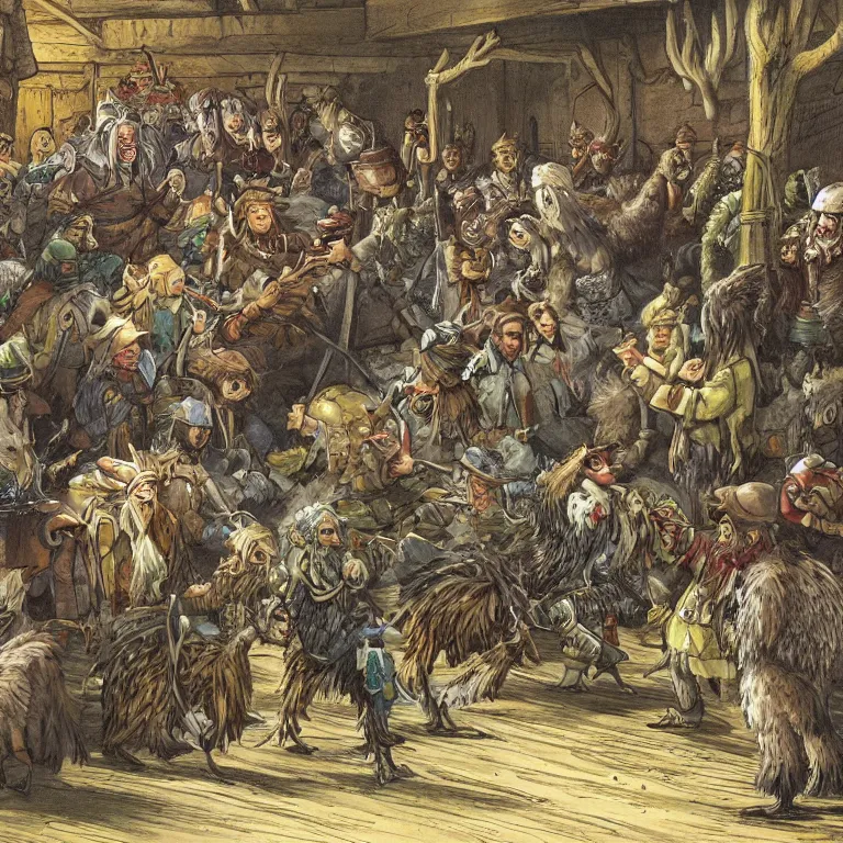 Image similar to a single emu surrounded by halflings in awe in a tavern, fantasy rpg book illustration