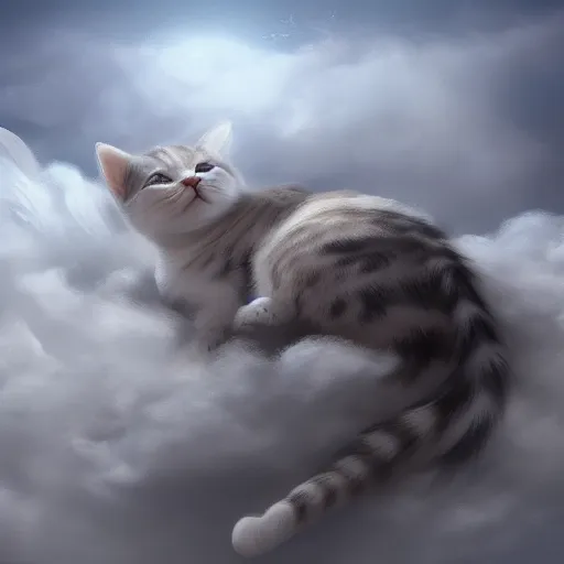 Image similar to cat sleeping on a cloud with angel wings, hyperdetailed, artstation, cgsociety, 8k