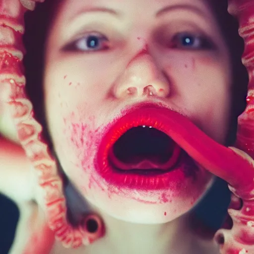 Image similar to highly photorealistic expired fuji film portrait of woman with long tentacled red tongue combined with stranger creatures, imax quality, 8 k, award winning photography