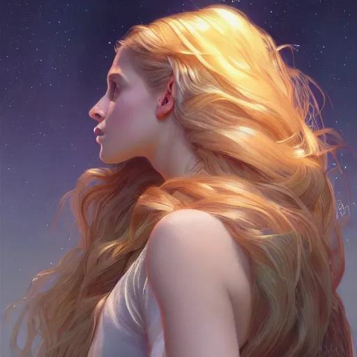 Image similar to aurora, girl with super long hair, hair becoming bright stars, intricate, highly detailed, digital painting, artstation, concept art, smooth, sharp focus, illustration, unreal engine 5, 8 k, art by artgerm and greg rutkowski and alphonse mucha