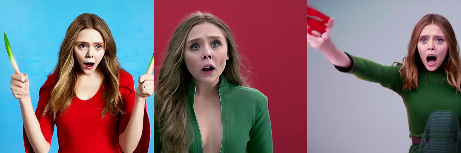 Prompt: Elizabeth olsen angry and pointing with red shirt acting, in front of a green screen, cinematic shot