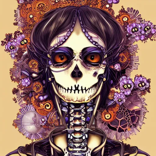 Image similar to surreal manga anime portrait girl skull of complex bio - mechanical beautiful young female skeletal cyborg with a mandelbrot fractal steampunk metal skull face, disney, retrofuturistic depressing, floral foliage, rococo, steampunk, 8 k