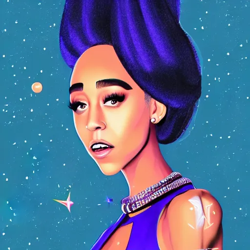 Image similar to paparazzi photo of Doja Cat on basketball court in outer space, beautiful beautiful beautiful beautiful beautiful beautiful beautiful digital art, a full body portrait, looking at camera, D&D, choker on neck, stylish, very long flowing hair, intricate, elegant, stylish, cute slightly nerdy smile, mouth slightly open, fantasy, extremely detailed, digital painting, artstation, concept art, smooth, sharp focus, illustration, stunning lighting, art by artgerm and greg rutkowski and alphonse mucha and simon stalenhag