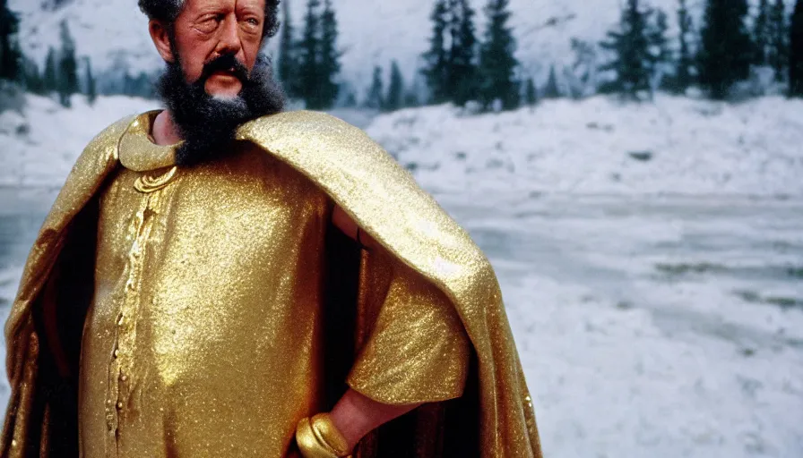 Image similar to 1 9 6 0 s movie still close up of marcus aurelius wearing a gold chestplate and a cape frozen to death under the snow by the side of a river with gravel, pine forests, cinestill 8 0 0 t 3 5 mm, high quality, heavy grain, high detail, texture, dramatic light, anamorphic, hyperrealistic, detailed hair, foggy