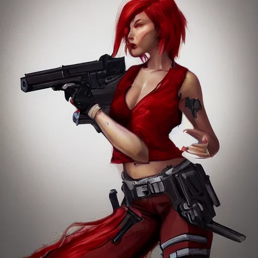 Image similar to a concept art of a girl with red hair holding a gun, highly detailed, digital painting, artstation, concept art, smooth, sharp focus, illustration