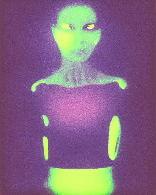 Prompt: cut and paste, featureless surprised robotic woman's face, sharp bob hair, dark makeup, violet and yellow and green and blue lighting, polaroid photo, 1 9 8 0 s, atmospheric, whimsical and psychedelic, grainy, expired film, super glitched, corrupted file, ghostly, bioluminescent glow, sci - fi, twisty