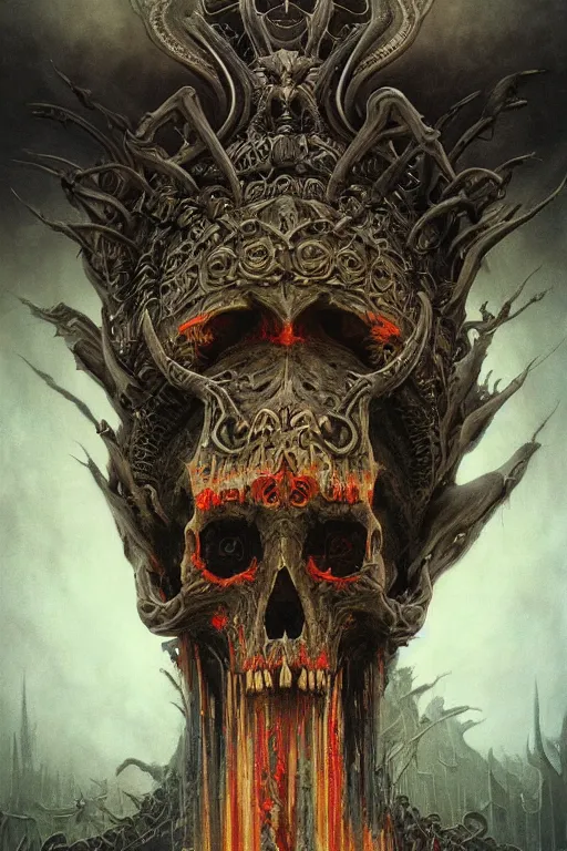 Prompt: gigantic demonic skull lord of death, fantasy painting, ultra realistic, wide angle, art nouveau, intricate details, rainbowshift, vivid colors, highly detailed by peter mohrbacher, h. r. giger, maxfield parrish, gaston bussiere, gustave dore, beksinski, craig mullins, octane render, cgi