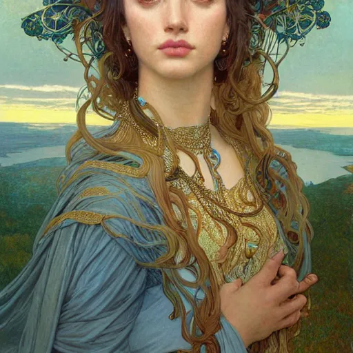 Prompt: portrait of a beautiful alluring female nature spirit goddess at sunset, detailed, centered, digital painting, artstation, concept art, donato giancola, Dante Gabriel Rossetti, alphonse mucha, Joseph Christian Leyendecker, WLOP, Boris Vallejo, Breathtaking, 8k resolution, extremely detailed, beautiful, establishing shot, artistic, hyperrealistic, beautiful face, octane render