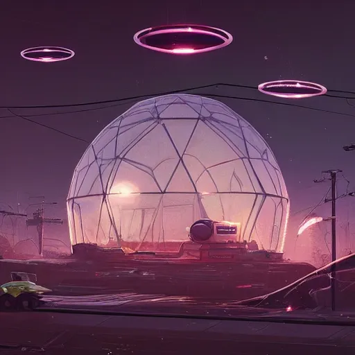 Image similar to A city trapped in a giant transparent dome, bubbles, science fiction, smooth, cinematic lighting, insanely detailed, artstation, cgsociety, painted by Simon Stalenhag, concept art, illustration, sharp focus,