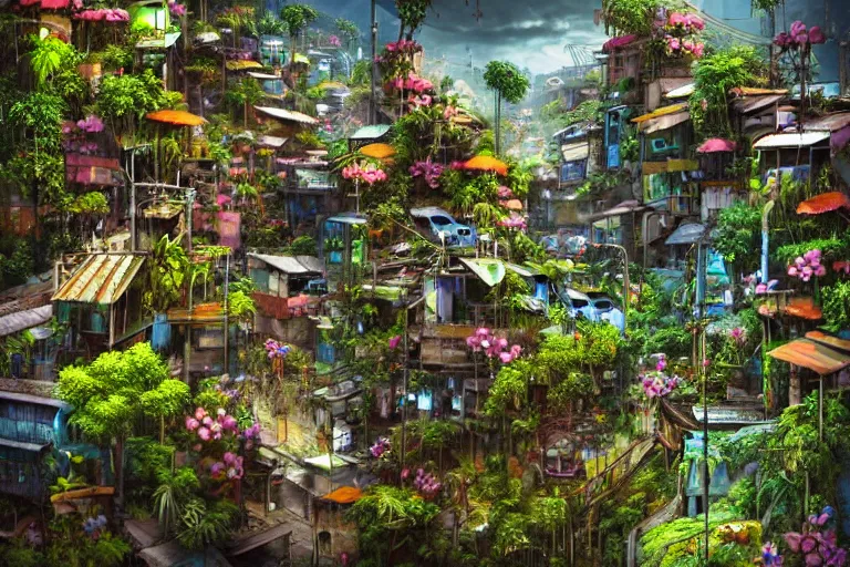 Image similar to favela winding cybernetic thrill ride, lush floral jungle environment, blooms, industrial factory, somber, apocalyptic, award winning art, epic dreamlike fantasy landscape, ultra realistic,