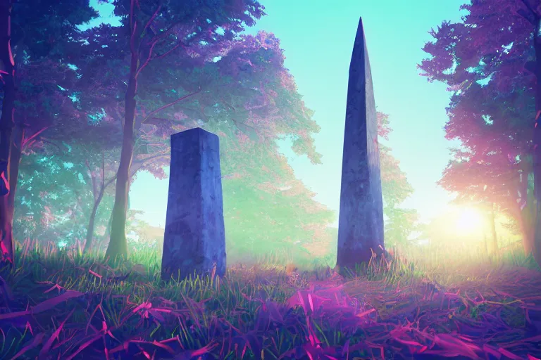 Prompt: super detailed color lowpoly art, overgrown mystical meadow with numerous trees, singular ancient stone obelisk with subtle glowing runes, unreal engine, retrowave color palette, 3 d render, lowpoly, colorful, digital art, perspective