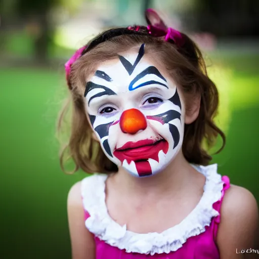 Image similar to a portrait of a girl who has face - painting like a clown smiling creepily. depth of field. lens flare