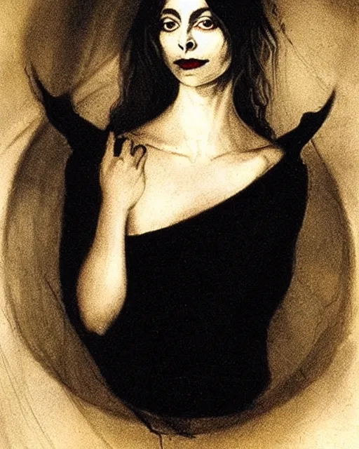 Image similar to style of henry fuseli : : gorgeous willa holland : : evil witch, swirling black magic, black dress : : symmetrical face, symmetrical eyes : : full body pose : : gorgeous black hair : : magic lighting, low spacial lighting : :