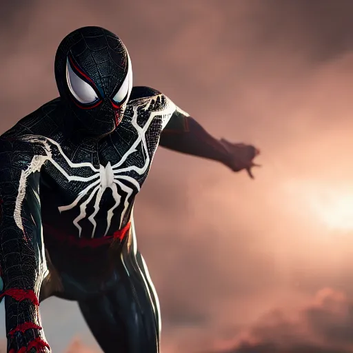 Image similar to a single venom and spider - man hybrid, dslr, cinematic, volumetric lighting, 8 k resolution, photorealistic