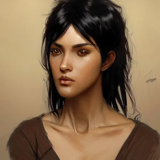 Prompt: woman with short, spiky black hair and dark skin, slanted amber eyes, long thin scar on her face. highly detailed, digital painting, artstation, concept art, sharp focus, beautiful face, expressive eyes, illustration, art by Artgerm and greg rutkowski and alphonse mucha