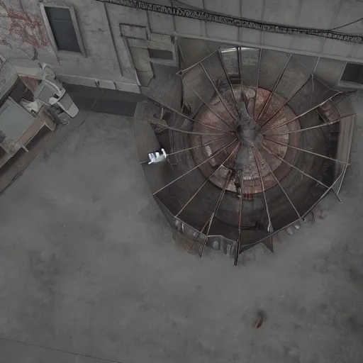 Image similar to playstation 5 screenshot of silent hill, overhead view, realistic, artstation