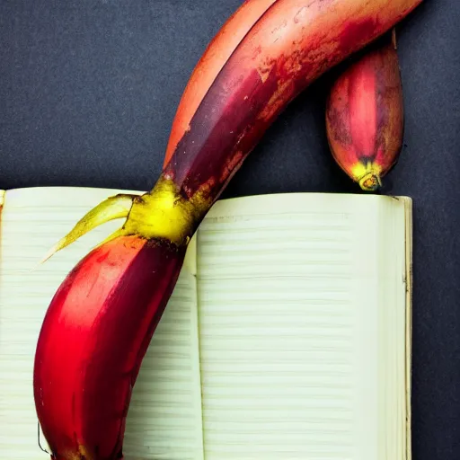 Image similar to photographic image of a red banana, on top of a yellow book, on top of a dining table, detailed, HD, cinematic