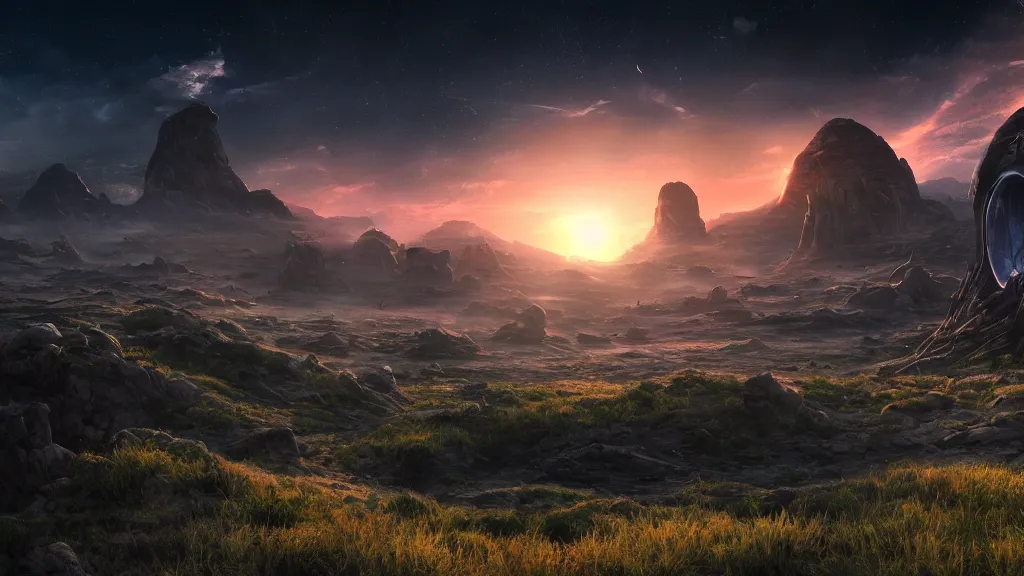 Image similar to a landscape of an alien planet, sunset, environment, cinematic composition, cinematic lighting, photo realistic, ultra detailed, magnificent, 4 k, 8 k, foundation, star wars, avatar, vegetation