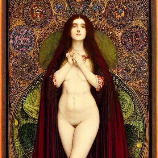 Prompt: Symmetric Pre-Raphaelite painting of a beautiful mystic woman with dark hair in a very detailed silk dark red dress, surrounded by a dark floral frame highly detailed mathematical drawings of neural networks and geometry by Doré and Mucha, by John William Waterhouse, highly detailed mathematical drawings of geometry