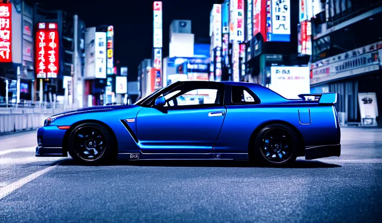 Image similar to wideshot of a blue nissan skyline gtr driving in tokyo at night, highly detailed, 4k photo, shot with sony alpha