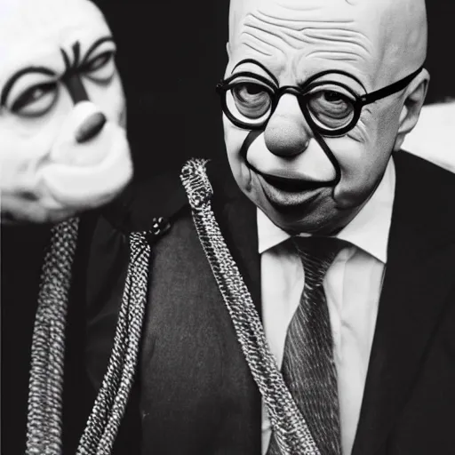 Prompt: UHD candid photo of Klaus Schwab dressed as a prisoner in a chain gang, wearing extremely accurate clown makeup, accurate face, UHD, photorealistic, correct face, photo by Annie Leibowitz