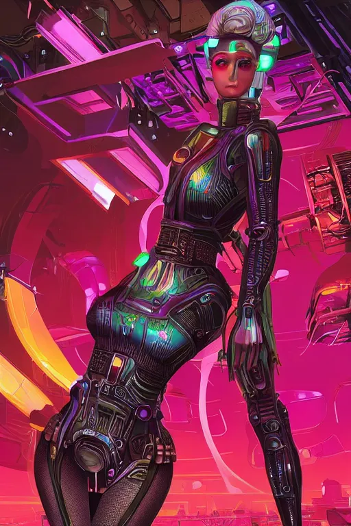 Image similar to attractive female android in feminine pose on a hyper-maximalist overdetailed retrofuturist scifi bookcover illustration from '70s. Biopunk, solarpunk style.