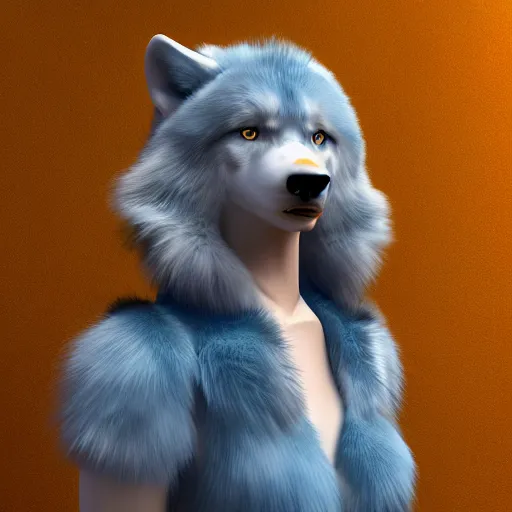 Image similar to 3 d render,, far shot, well toned, large tall, female anthropomorphic wolf, blue fur with white spots, thick fur covering her chest.