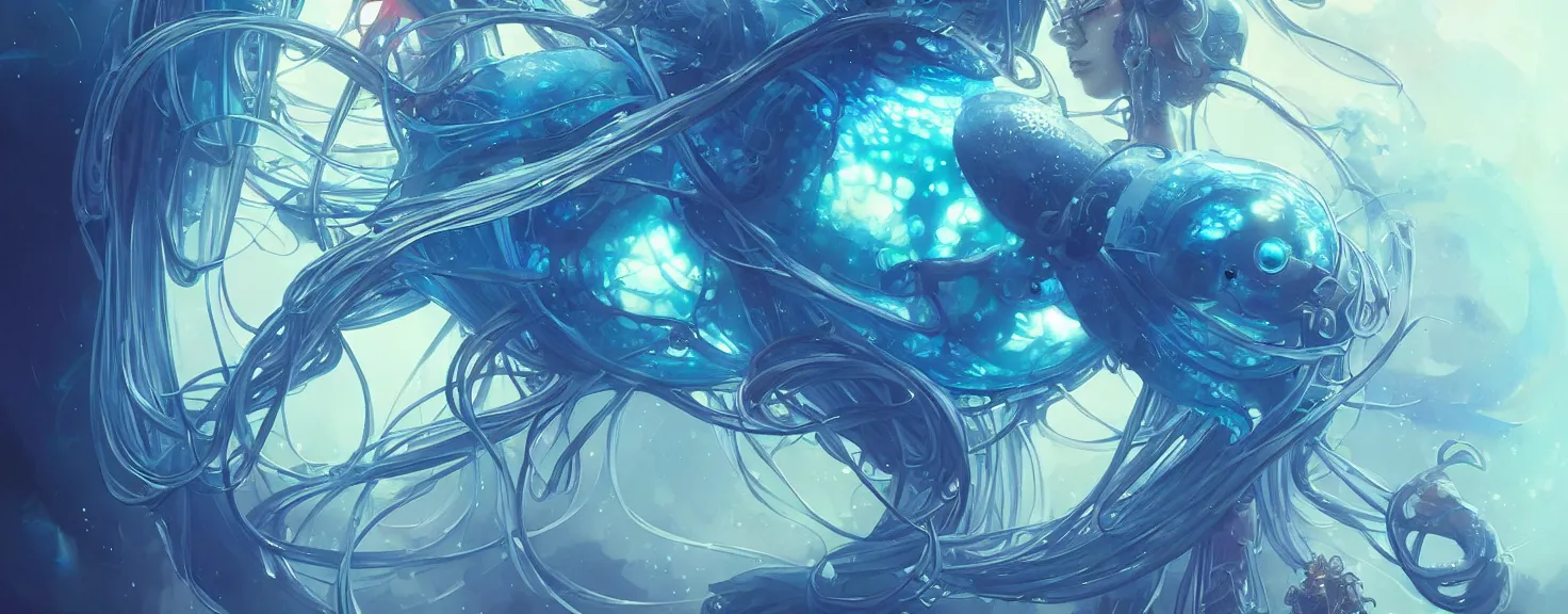 Image similar to cyberpunk jellyfish, blue tones, underwater, 8 mm, highly detailed, digital painting, artstation, concept art, smooth, sharp focus, illustration, art by artgerm and greg rutkowski and alphonse mucha