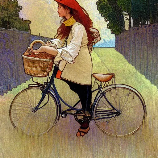 Prompt: a girl wearing stripes riding a bicycle down a quiet Village Road with wheat fields on either side, painting by alphonse mucha-S 2007406894