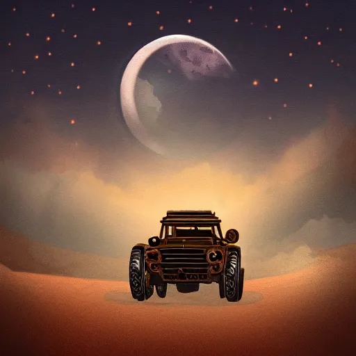 Image similar to someone driving at night with the moon in the sky, desert, concept art, fantasy, intricate, highly detailed, digital painting, elegant