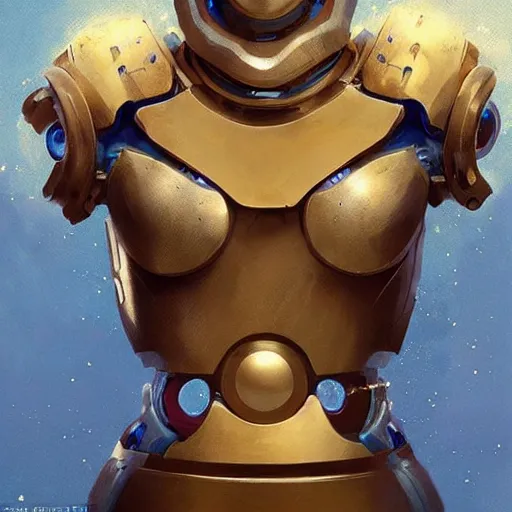 Image similar to a humanoid robot, with blue skin, golden armour moulded onto its torso. it's head is smooth, with circular eyes that glow. fantasy painting by greg rutkowski