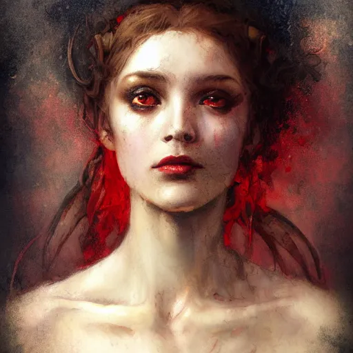 Prompt: Brian Froud and Jean-Baptiste Monge and Solomon Joseph Solomon and Richard Schmid and Jeremy Lipking victorian genre painting portrait painting of a young beautiful woman marverl DC comic book character fantasy costume, red background