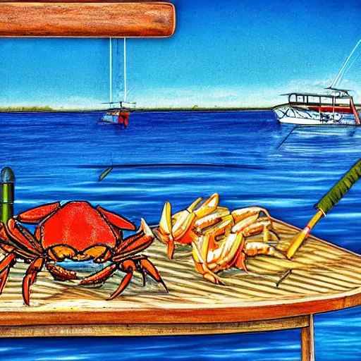 Prompt: realistic crab boil on wooden deck, digital art, fishing boats in background, blue sky