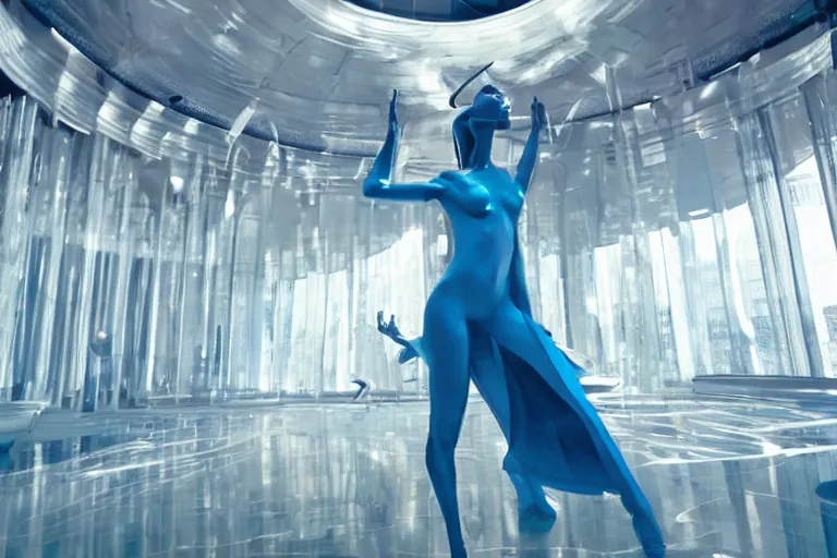 Image similar to vfx movie scene closeup portrait of beautiful blue skin fit skimpy alien woman dancing in sleek futuristic decadent spaceship pillars, futuristic ballroom. giant windows view of earth obit. by emmanuel lubezki