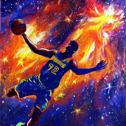 Image similar to an expressive oil painting of a basketball player dunking, depicted as an explosion of a nebula