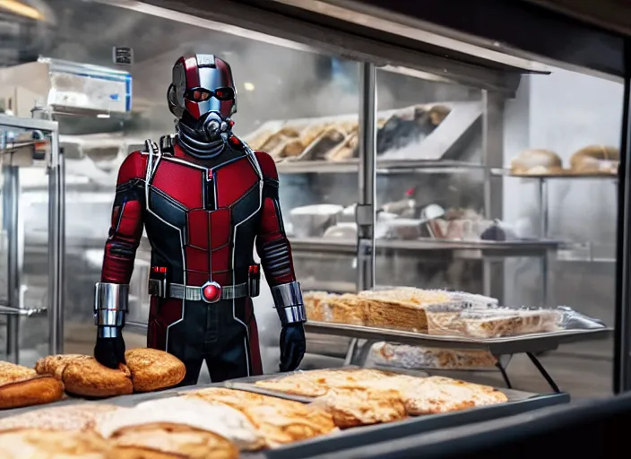 Image similar to film still of Antman working in a bakery in the new Avengers movie, 4k