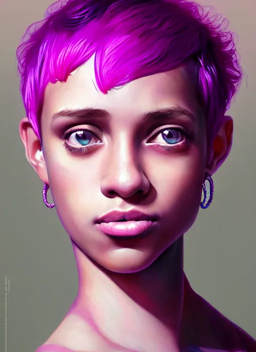 Prompt: portrait of teenage vanessa morgan with bright pink hair, vanessa morgan, curly pixie cut hair, wearing a purple breton cap, breton cap, hoop earrings, intricate, elegant, glowing lights, highly detailed, digital painting, artstation, concept art, smooth, sharp focus, illustration, art by wlop, mars ravelo and greg rutkowski