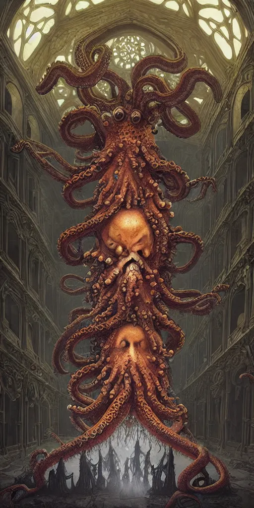 Prompt: group of mankind species mages with big octopus heads and a lot of translucent jellyfishes floating around inside an ancient mage castle hall colossal scale, gothic and baroque, brutalist architecture, ultradetailed, Intricate by Ellen Jewett and Josan Gonzalez and Giuseppe Arcimboldo