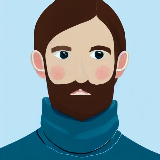 Image similar to gangly man with short light brown wavy hair, light brown stubble thin beard, no mustache, English heritage, blue eyes, middle aged, wearing a turtleneck and jacket, pale skin, narrow face, digital art, painterly, cartoon, cute, 8k, illustration, art by loish, painterly, trending on artstation, medium shot, uncropped