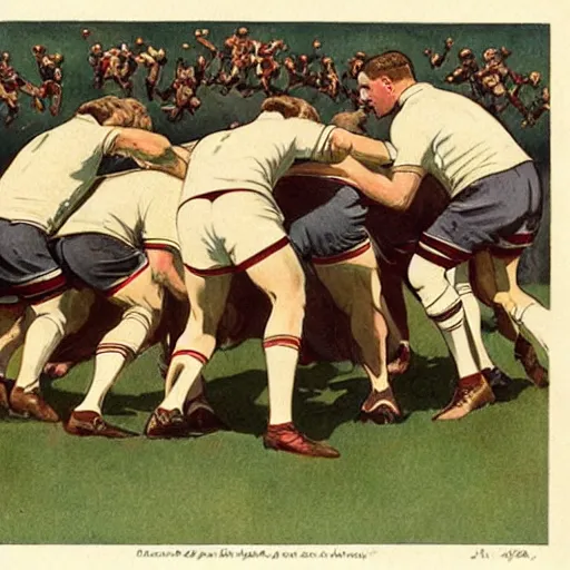 Image similar to 1920s full color illustration by J.C. Leyendecker of handsome male rugby players in a scrum on the field, rugby ball on the ground in between the handsome rugby players