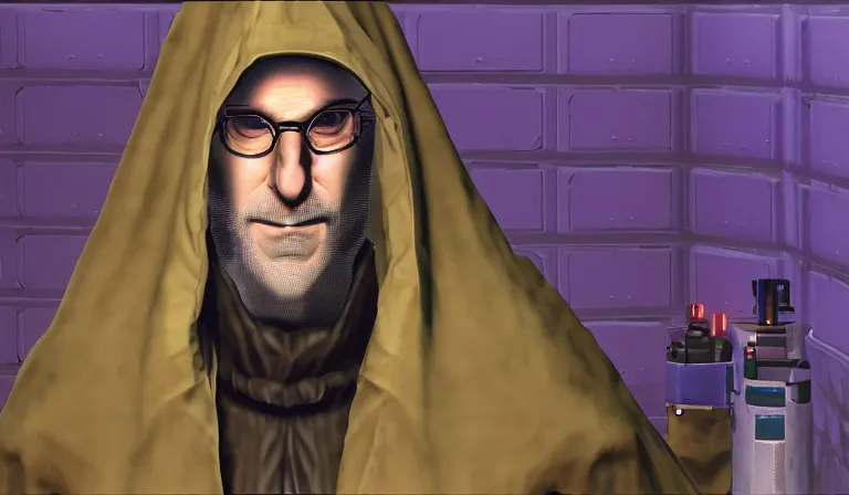 Image similar to Larry David wearing a shady cloak selling you body modification drugs, System Shock 2, Deus Ex, Perfect Dark, Half Life, Source Engine, Quake, Unreal Tournament