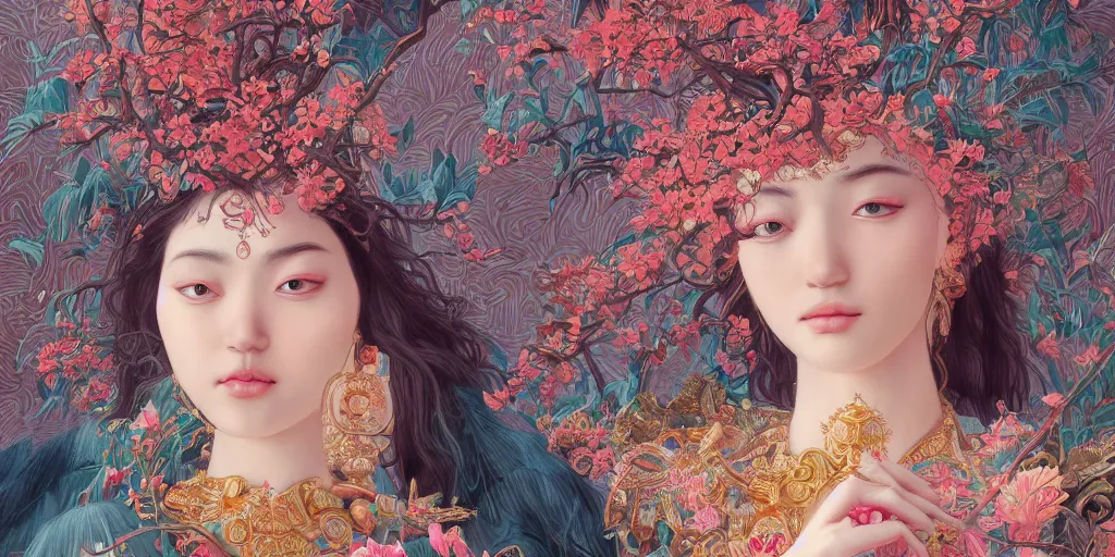 Prompt: breathtaking detailed concept art painting of the goddess of flamingo, orthodox saint, with anxious, piercing eyes, ornate background, amalgamation of leaves and flowers, by Hsiao-Ron Cheng, extremely moody lighting, 8K