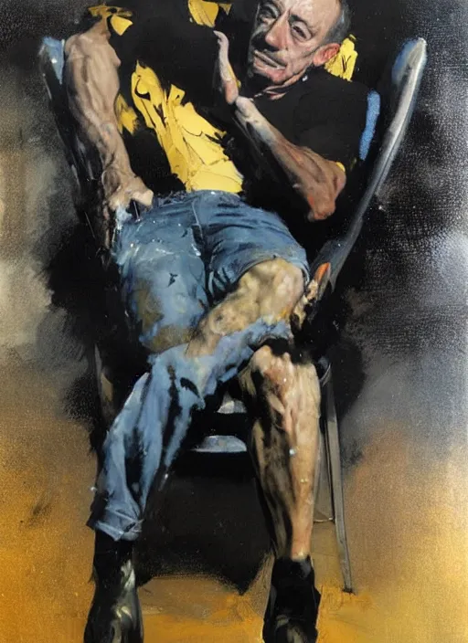 Prompt: jk simmons throwing chair, painting by phil hale, fransico goya,'action lines '!!!, graphic style, visible brushstrokes, motion blur, blurry