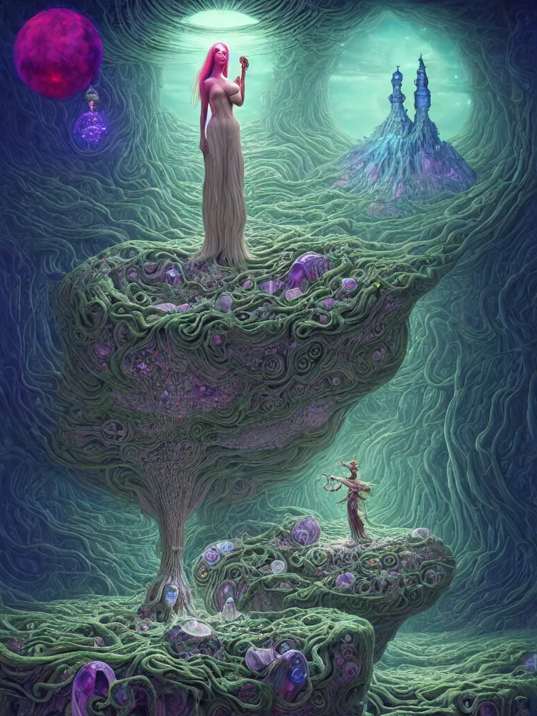 Prompt: the surreal goddess of dreams floating among many stars and mycelum and crystal fungi, by carol bak, jacek yerka, gediminas pranckevicius, alex gray, dan mumford and h. r. giger, digital painting, octane rendered, neon cyberpunk colors vibrant colors, trending on artstation