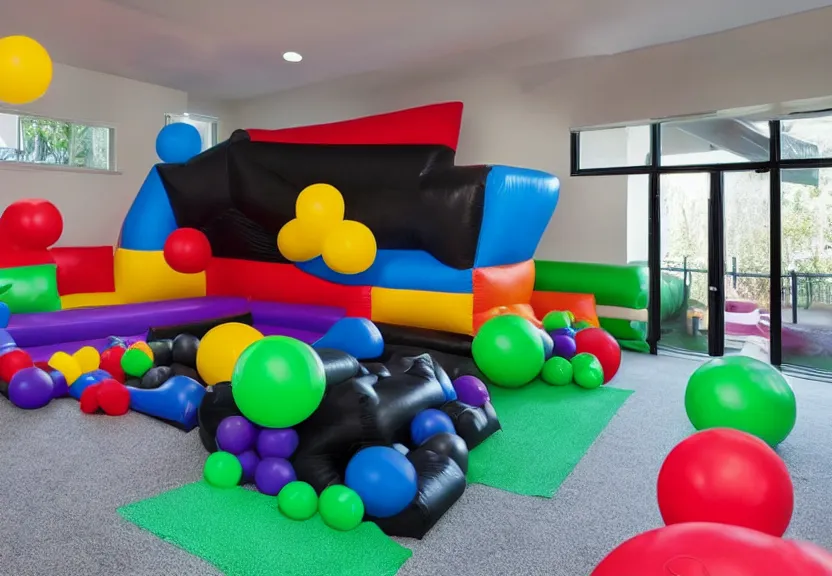 Image similar to A bouncy house with a ball pit and a black trampoline inside a big empty room with light coming through windows