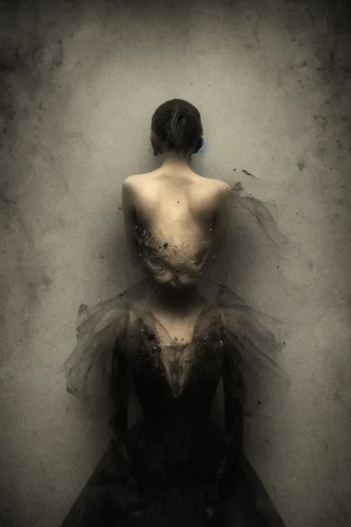 Image similar to dark ballerina, emil melmoth, concept art, deviantart, dark, 3 5 mm, chiaroscuro, surrealist, victorian, mist, dark, seen from below