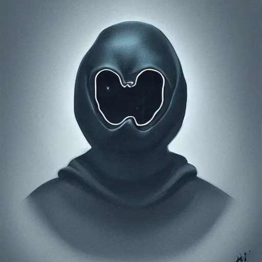 Prompt: award - winning. trending on artstation. 4 k. eerie tone. a mouthless shadowy figure wearing a hooded cape made of the night sky with 1 5 dark blue glowing eyes on its face and rows of teeth on its chest. full - body. portrait.