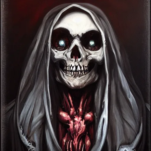 Image similar to a hyper realistic oil painting of a necromancer from diablo, dark fantasy, horror, crypt, skeleton army, retro fantasy,