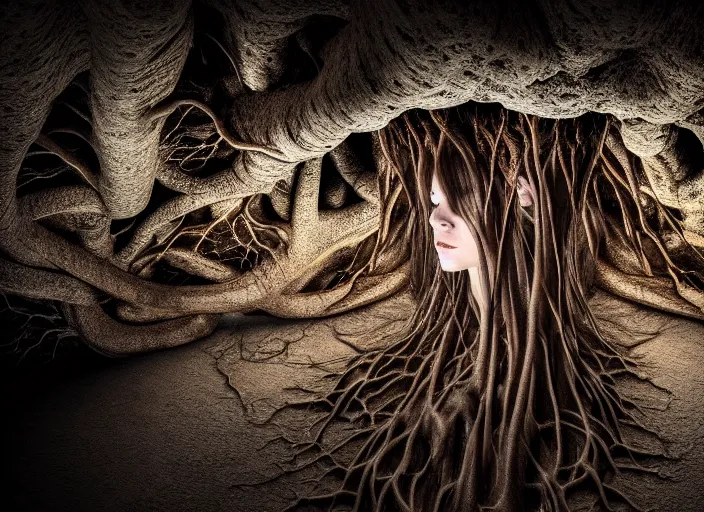 Image similar to photo of roots growing down from a ceiling in an underground cavern wrapped around a woman. Fantasy magic horror style. Highly detailed 8k. Intricate. Nikon d850 55mm. Award winning photography. Nekro